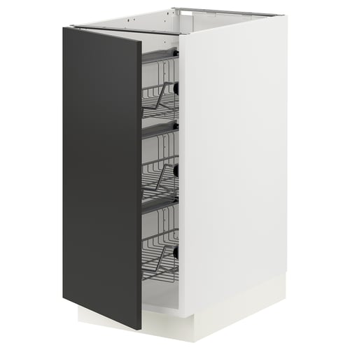SEKTION kitchen cabinet - matt black door, white base, wire baskets.