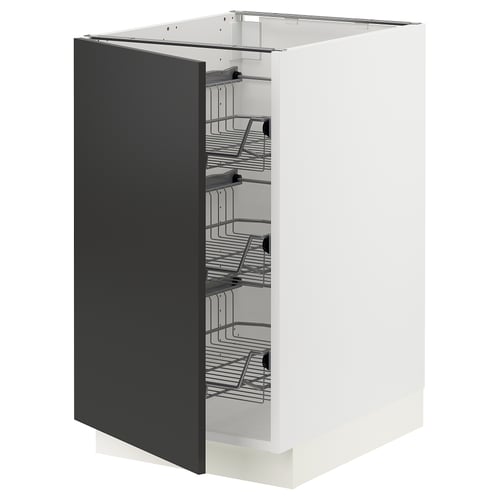 A white SEKTION kitchen cabinet with a matt black door and metal wire shelves.