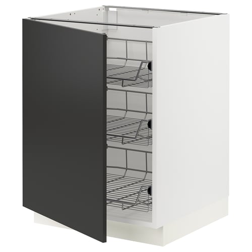 White ikea SEKTION kitchen cabinet with black door and four wire shelves.