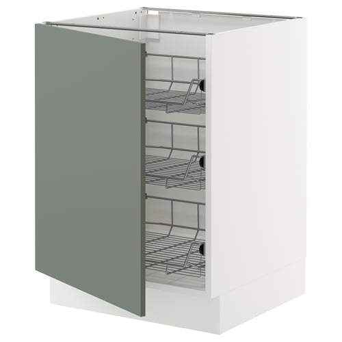 Ikea SEKTION kitchen unit with grey-green door and metal shelves.