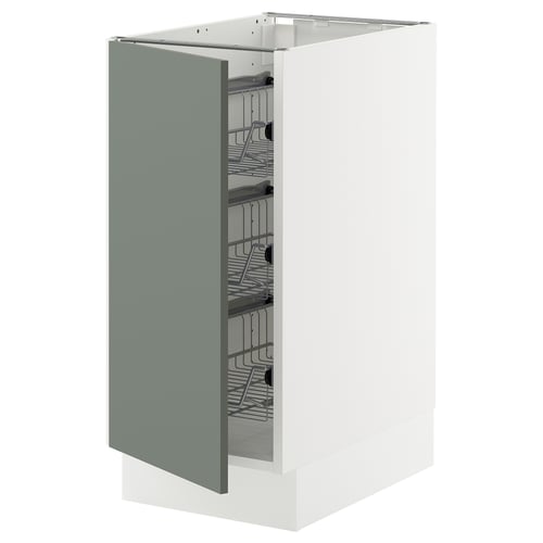 An ikea SEKTION kitchen cabinet with a grey-green matt nickebo door, featuring wire shelves inside.