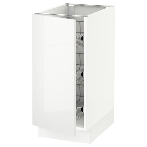White high-gloss kitchen cabinet, sleek rectangular shape, modern design with metal hinges and pull-out shelves.