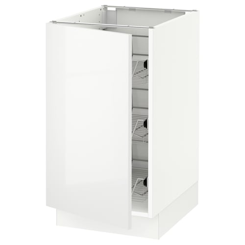 A white SEKTION kitchen cabinet with a glossy finish, featuring sleek design and organised wire shelves.