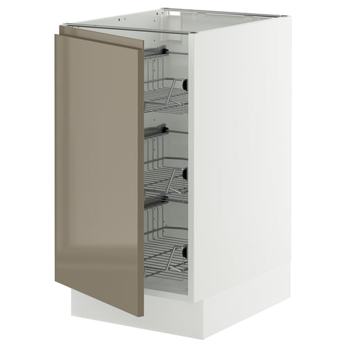 Modern ikea SEKTION kitchen cabinet with dark grey-brown glossy door and integrated handles, containing wire storage baskets.