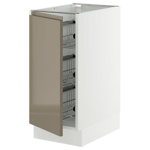 SEKTION kitchen cabinet in white with voxtorp high-gloss dark grey-brown door, wire shelves, and smooth hinges.