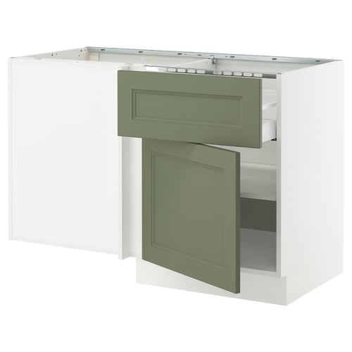 SEKTION kitchen unit in grey-green with open drawer and cabinet, featuring modern design and sturdy frame.