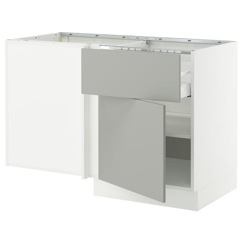 SEKTION: modern white kitchen corner unit with grey doors. Sleek design, sturdy frame, and pull-out shelves for maximum storage.