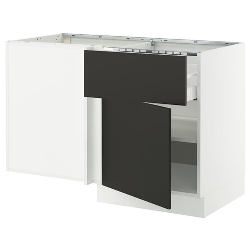 Modern white kitchen island with black doors, sleek design, corner storage.