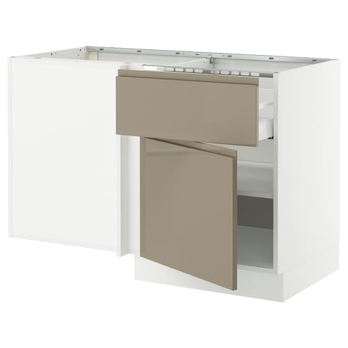 SEKTION kitchen, glossy dark grey-brown, sleek cabinet with open drawer, modern design.