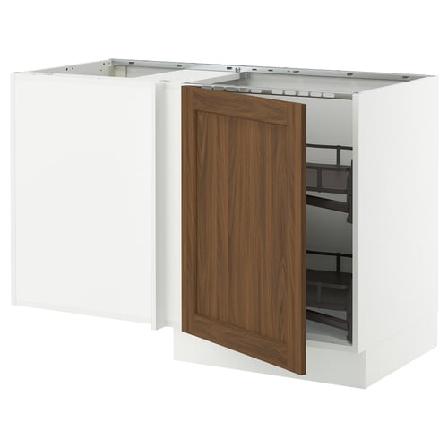 Displays a white corner base kitchen cabinet with a wooden door, featuring a pull-out shelf.