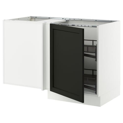 A white SEKTION kitchen cabinet with a dark stained door open, revealing storage shelves.