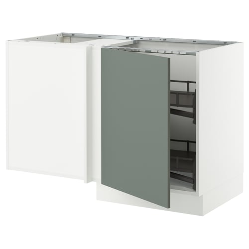Modern kitchen cabinet in gray-green with open door, showing pull-out shelf.
