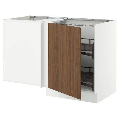 White & wood kitchen cabinet with pull-out shelf, corner design