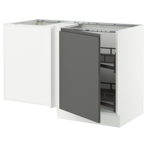 White and grey kitchen cabinet with pull-out shelf.