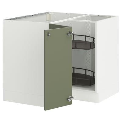 SEKTION corner kitchen cabinet, grey-green, modern design. It pull-out shelves and adjustable hinges.