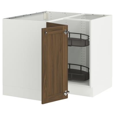 SEKTION white kitchen cabinet with walnut door open, black shelves.