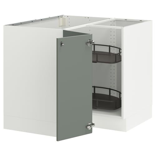 SEKTION kitchen cabinet, grey-green, metal shelves, white exterior, open door.