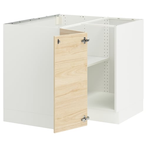 Depicts a white ikea SEKTION kitchen cabinet set with a light ash wood-patterned door, featuring adjustable shelves and sturdy construction.