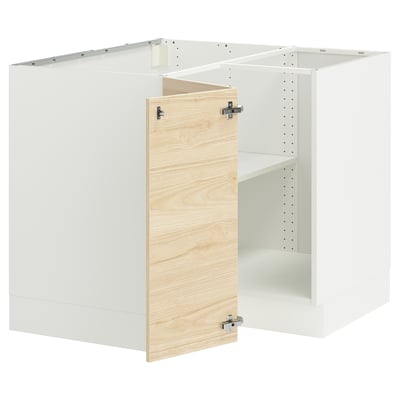 Depicts a white ikea SEKTION kitchen cabinet set with a light ash wood-patterned door, featuring adjustable shelves and sturdy construction.