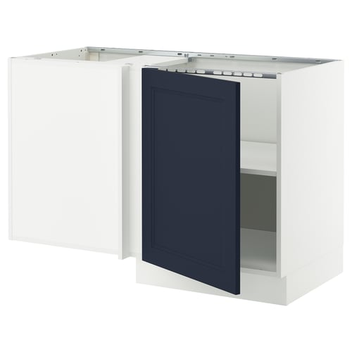 A white and blue kitchen cabinet from IKEAs SEKTION series. It a blue door and a white frame with shelves inside.