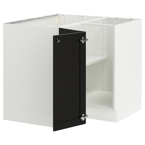 White SEKTION kitchen base cabinets, black stained doors, bevelled edges, sturdy frame, adjustable shelves.