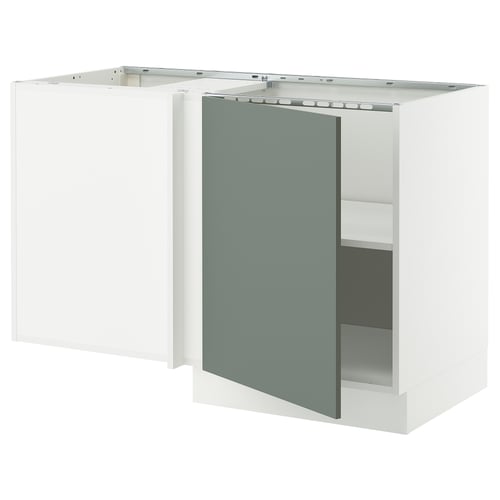 Modern white ikea SEKTION corner kitchen cabinet with grey-green door.