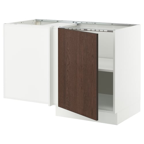 A white SEKTION kitchen cabinet with a dark brown sinarp wooden door, slightly ajar.