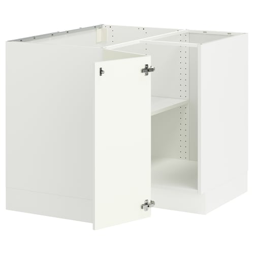 White corner base cabinet unit for kitchen with adjustable shelves.