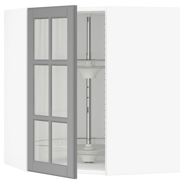 SEKTION Corner wall cab w carousel/glass dr, white/Bodbyn gray, 26x15x30 "