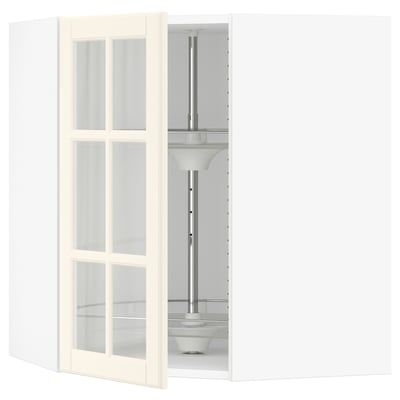 SEKTION Corner wall cab w carousel/glass dr, white/Bodbyn off-white, 26x15x30 "