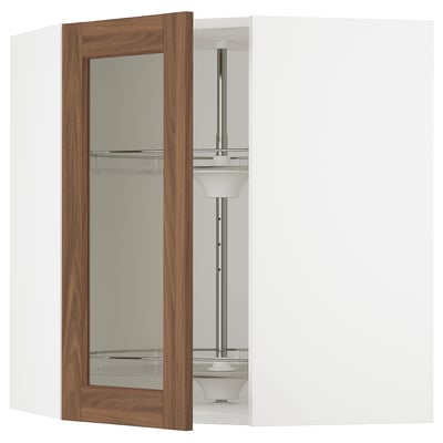 SEKTION Corner wall cab w carousel/glass dr, white Enköping/brown walnut effect, 26x15x30 "