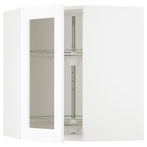 White SEKTION cabinet with glass doors, shelves, carousel.