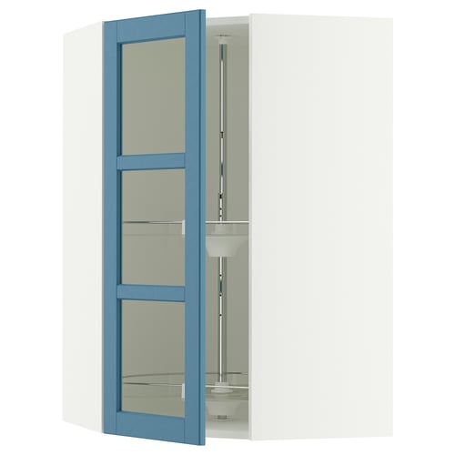 SEKTION Corner wall cab w carousel/glass dr, white/Lerhyttan blue, 26x15x40 "