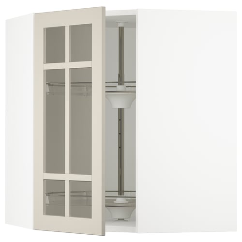 SEKTION Corner wall cab w carousel/glass dr, white/Stensund beige, 26x15x30 "