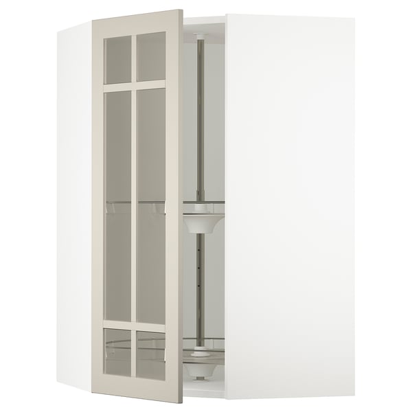 SEKTION Corner wall cab w carousel/glass dr, white/Stensund beige, 26x15x40 "