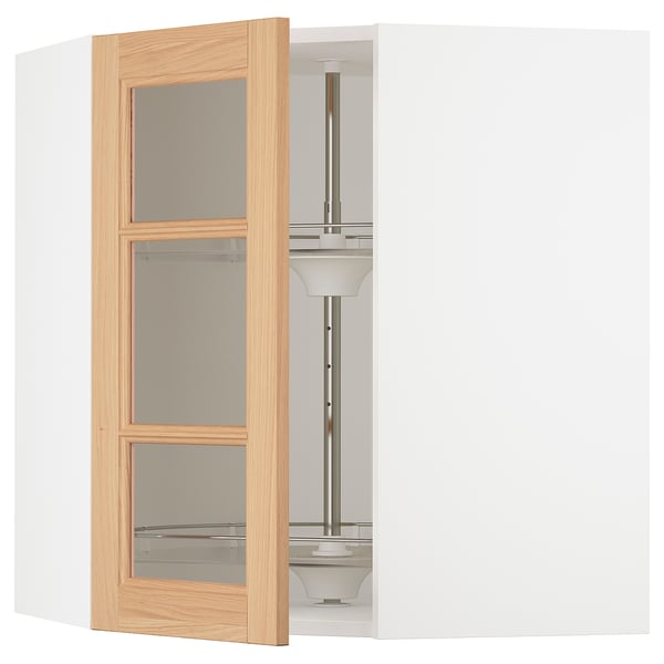 SEKTION Corner wall cab w carousel/glass dr, white/Vedhamn oak, 26x15x30 "