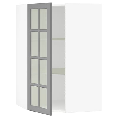SEKTION Corner wall cab w shelves/glass dr, white/Bodbyn gray, 26x15x40 "