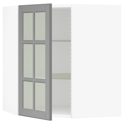 SEKTION Corner wall cab w shelves/glass dr, white/Bodbyn gray, 26x15x30 "