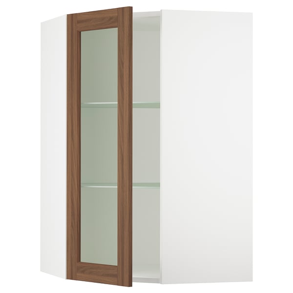 SEKTION Corner wall cab w shelves/glass dr, white Enköping/brown walnut effect, 26x15x40 "
