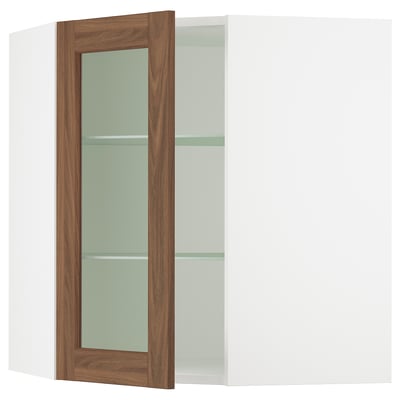 SEKTION Corner wall cab w shelves/glass dr, white Enköping/brown walnut effect, 26x15x30 "