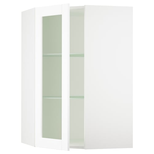 A white SEKTION corner cabinet with glass doors. It a classic design with adjustable shelves and sturdy construction.