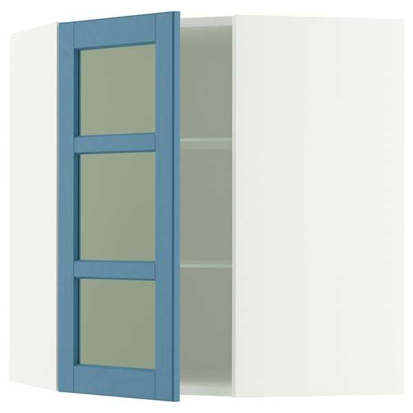SEKTION Corner wall cab w shelves/glass dr, white/Lerhyttan blue, 26x15x30 "