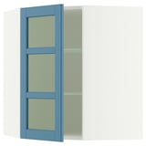 SEKTION Corner wall cab w shelves/glass dr, white/Lerhyttan blue, 26x15x30 "