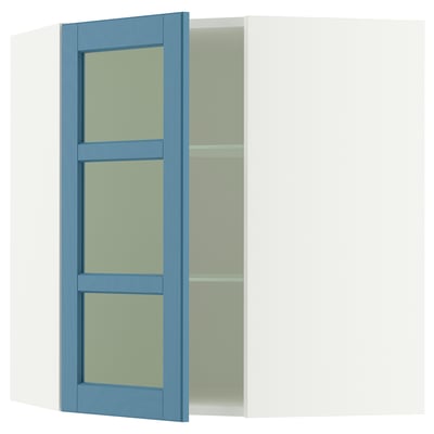 SEKTION Corner wall cab w shelves/glass dr, white/Lerhyttan blue, 26x15x30 "