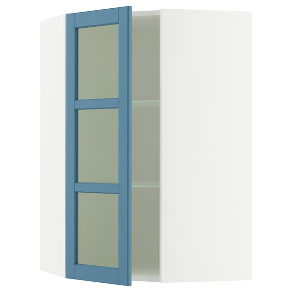 SEKTION Corner wall cab w shelves/glass dr, white/Lerhyttan blue, 26x15x40 "