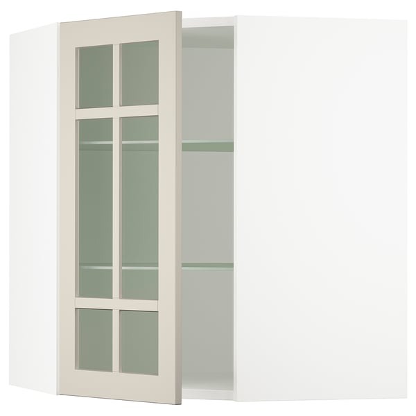 SEKTION Corner wall cab w shelves/glass dr, white/Stensund beige, 26x15x30 "