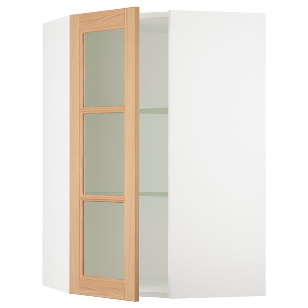 SEKTION Corner wall cab w shelves/glass dr, white/Vedhamn oak, 26x15x40 "