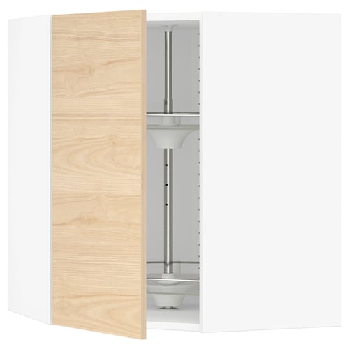 A partially opened light ash wood SEKTION kitchen cabinet with glass shelves.