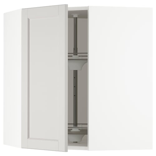 SEKTION kitchen unit in light grey with bevelled edges, glass shelves, and sturdy birch frame.