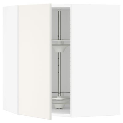 White SEKTION kitchen cabinet. Modern design, sleek, reflects light. Open door shows metal pole.